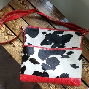 Leather and calf hair crossbody purse